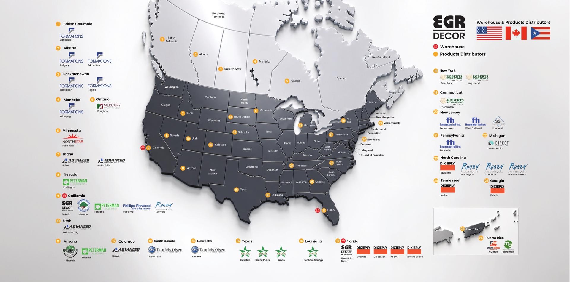 Map of EGR Decor distributor territories across the USA and Canada
