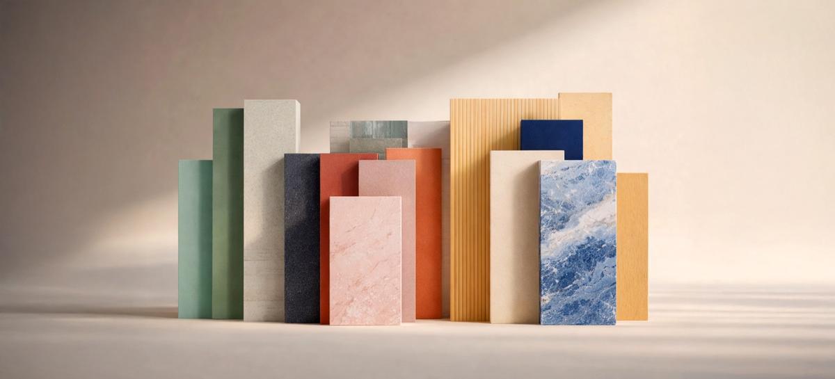 Custom EGR Decor panels standing side by side — solid colours, stone patterns, fluted and woodgrain faces