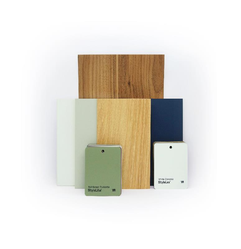 A combination of EGR boards, faces and edges, with StyleLite Rainforest TruMatte and StyleLex White Carcass sample chips