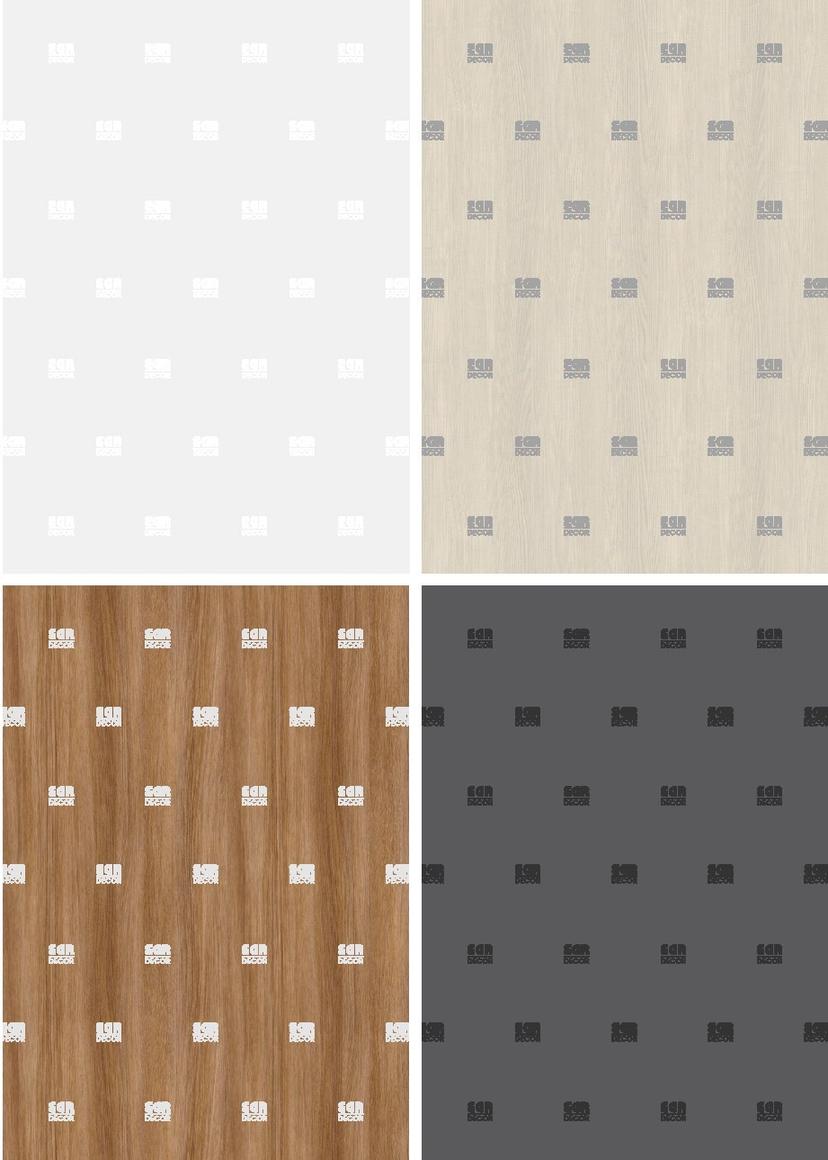 Four EGR Decor faces — white, pale oak, walnut and charcoal — each printed with a repeating logo
