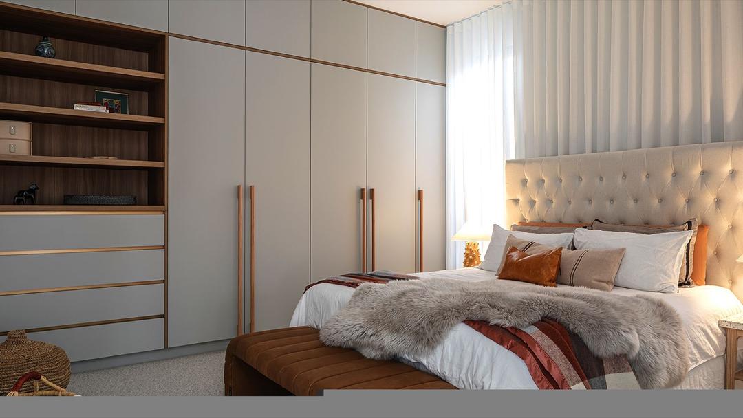 EGR Decor cabinetry — bedroom interior with timber-veneer joinery and matte cream surfaces