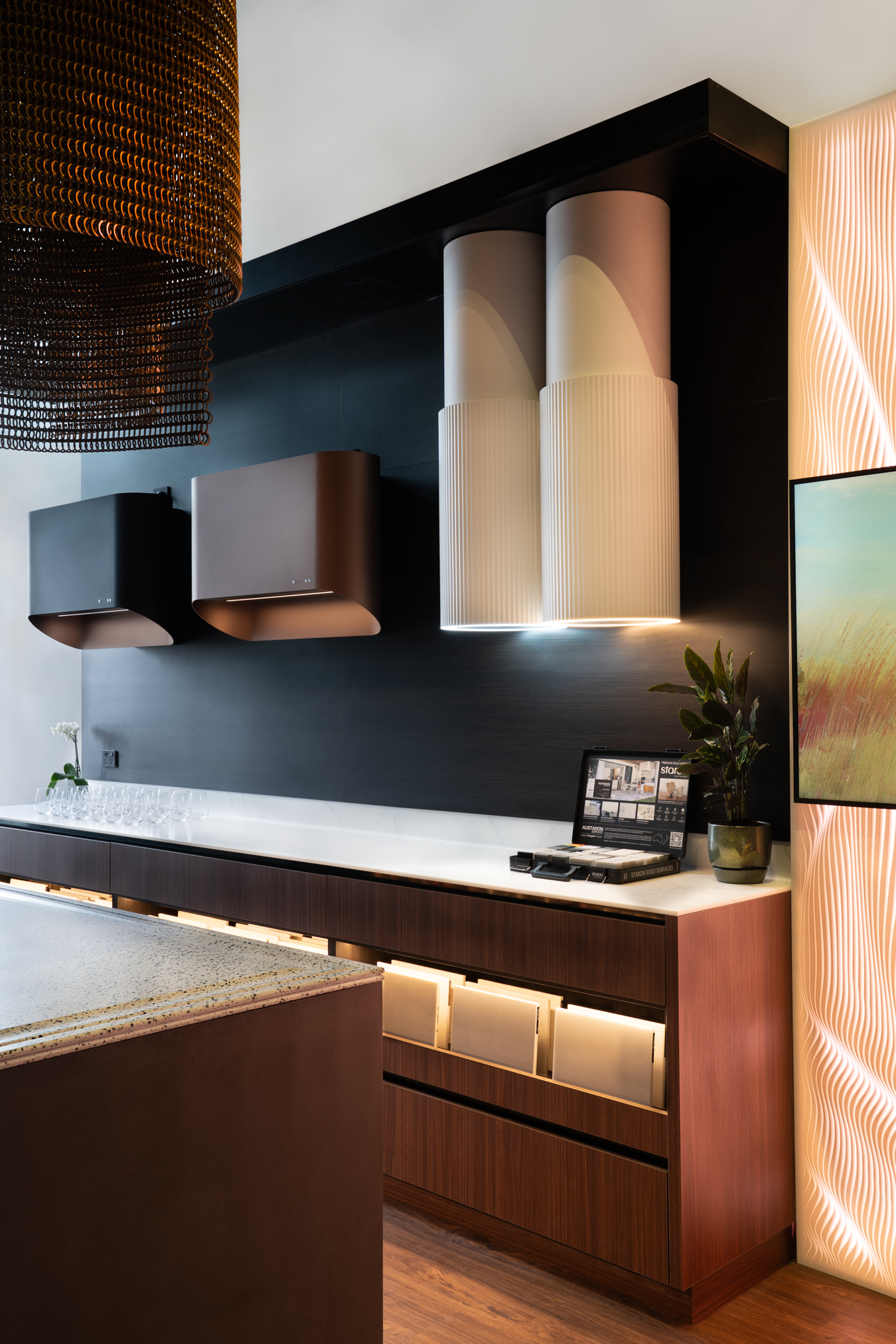 Rangehood display wall with EGR Decor sample drawers