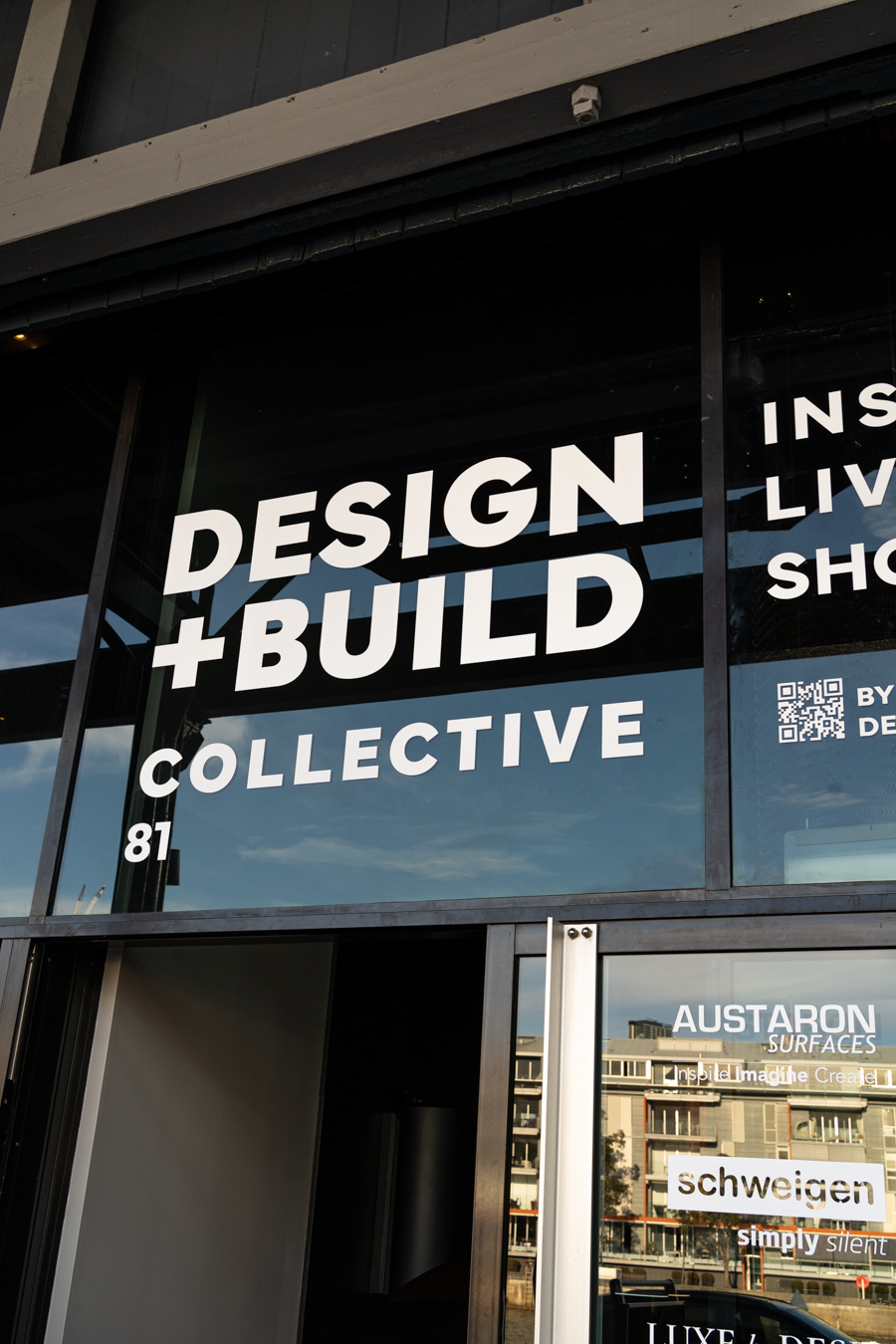 Design + Build Collective entrance signage at Suite 81, Jones Bay Wharf